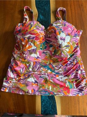 Vibrant Floral Tankini Top - Pink & Orange Print